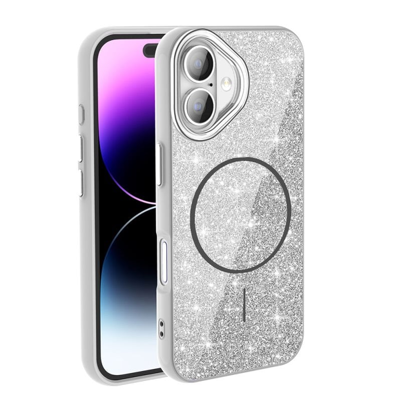 iPhone 16 Kılıf M-safe Şarj Özellikli Parlayan Simli Zore Okso Kılıf