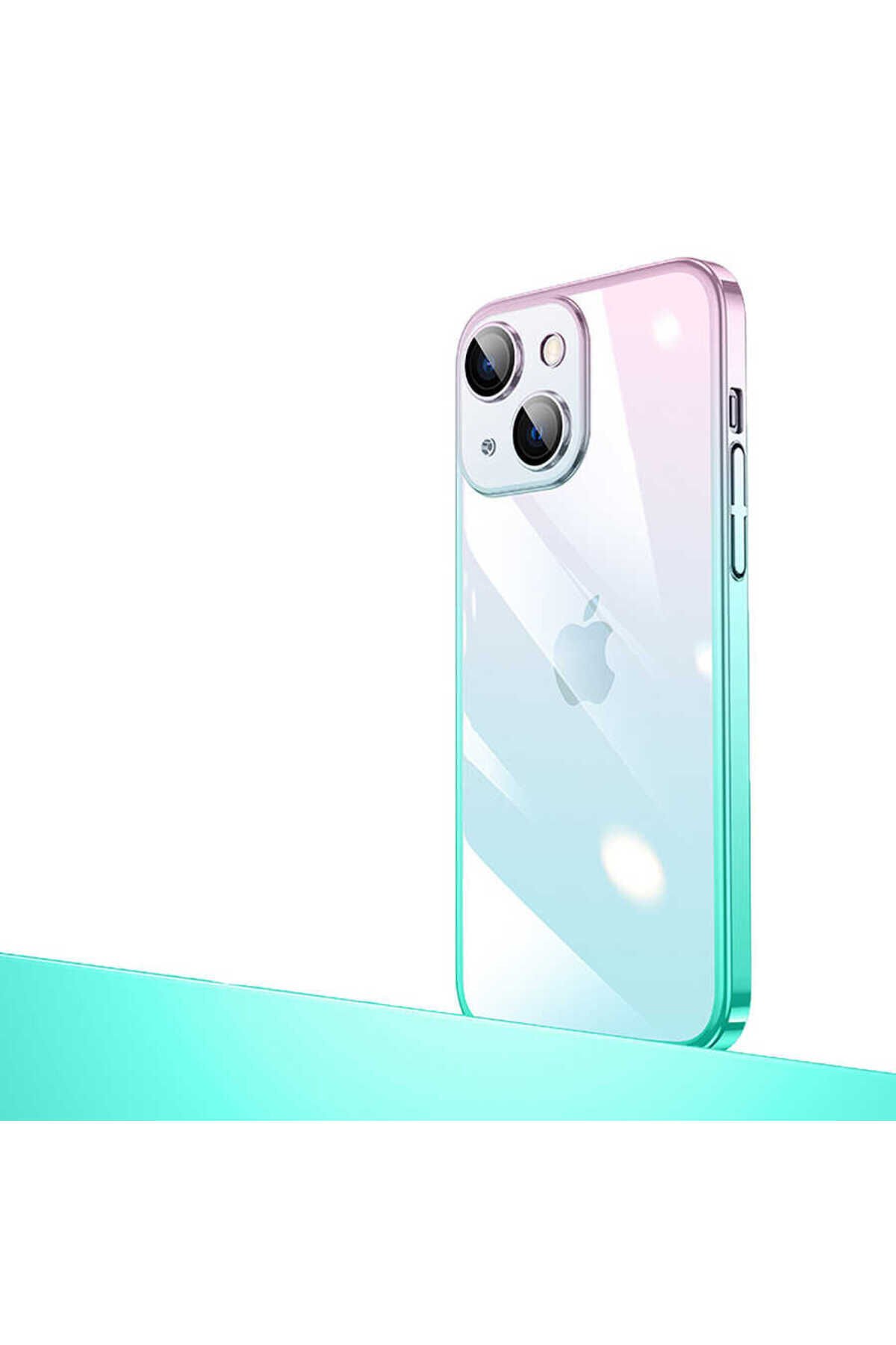iPhone 14 Uyumlu Parlak Renk Geçişli Kamera Korumalı BSAY Senkron Kılıf-Mavi-Siyah Pembe-Mavi