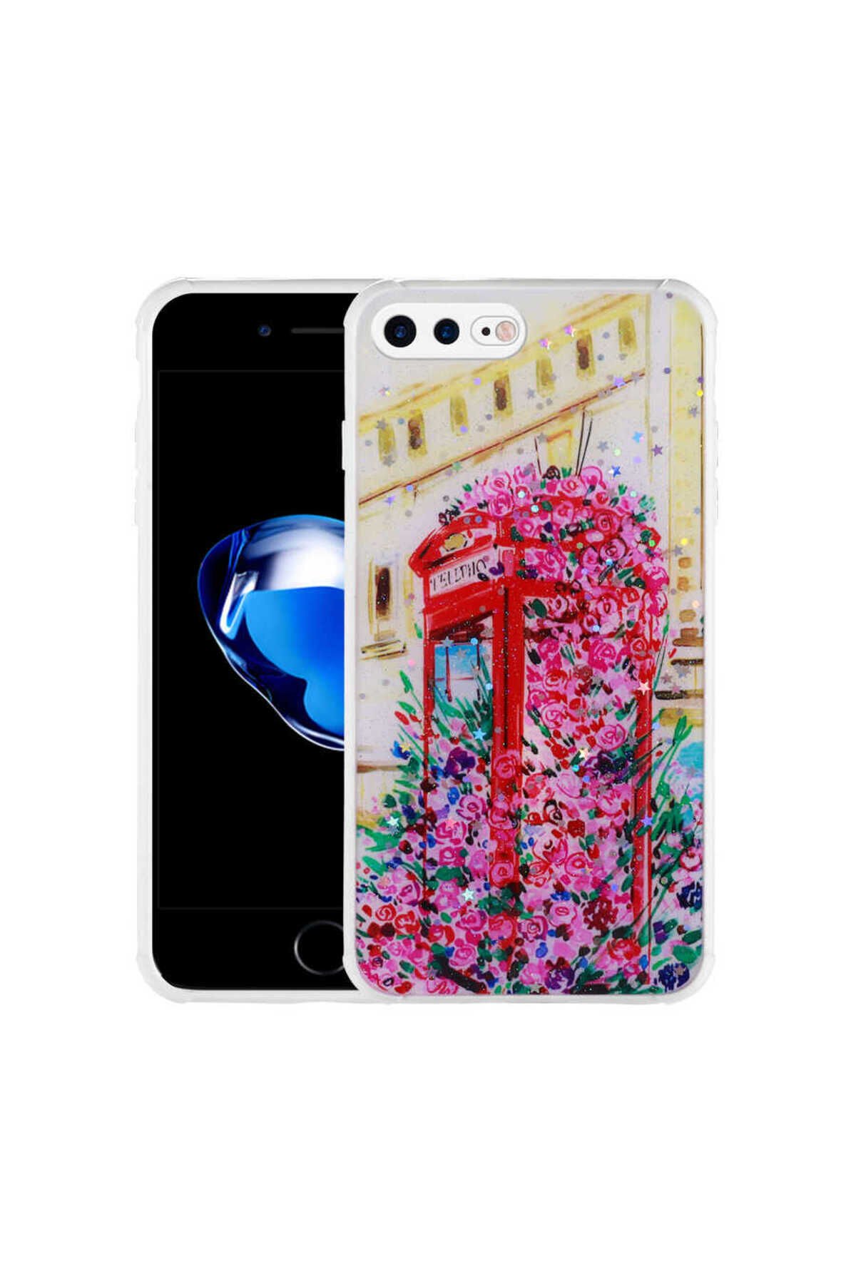 iPhone 7 Plus Kılıf Simli Desenli Kamera Korumalı Parlak BSAY Popy Kapak - Çiçek Kulübe