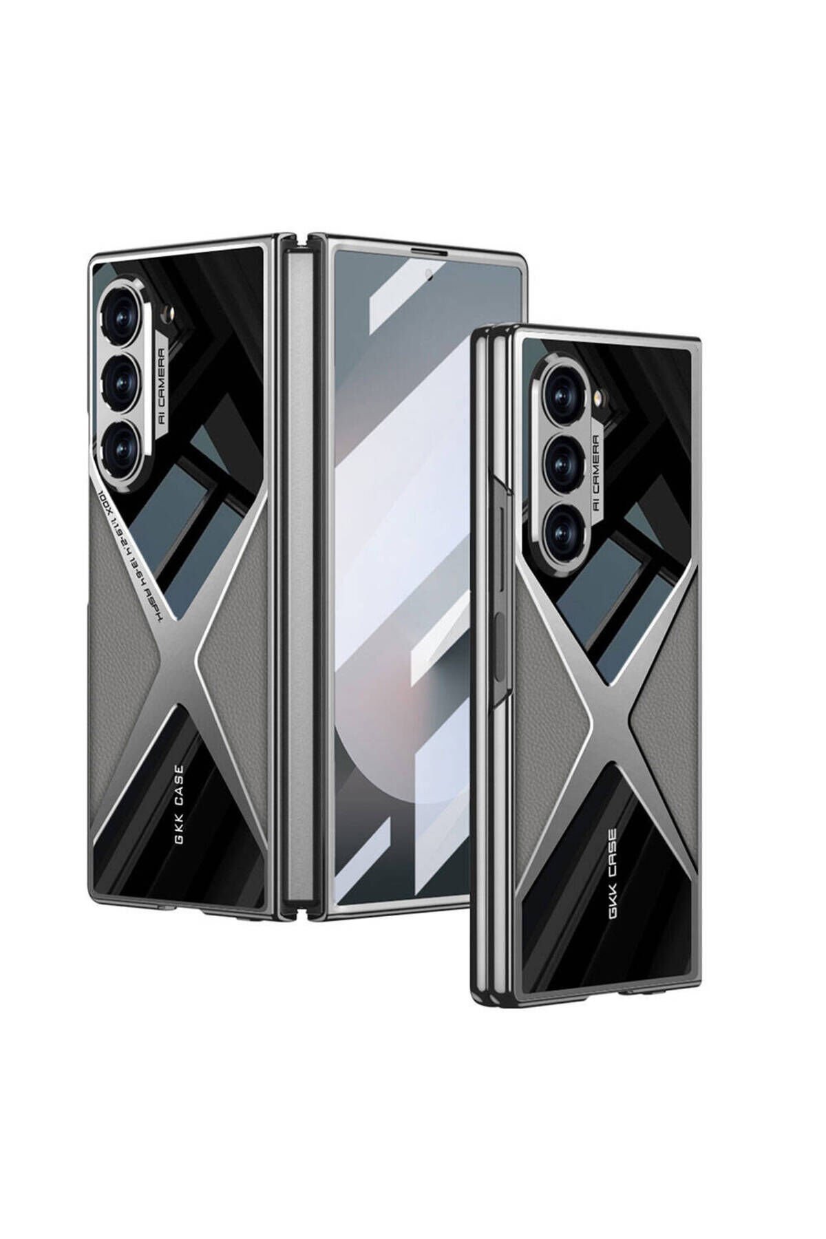 Galaxy Z Fold 6 Kılıf Ultra İnce Kamera Korumalı PC + Deri Arka Yüzey BSAY X-Pro Kapak-Siyah Titanyum-Gri