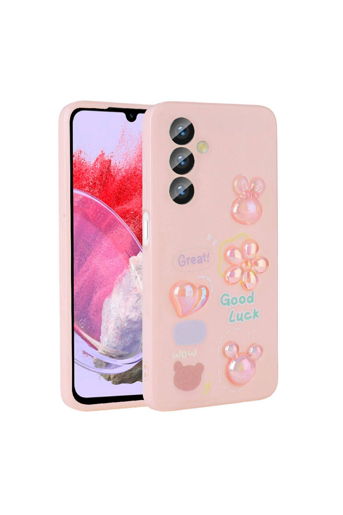 Galaxy M34 5G Kılıf Kabartma Figürlü Parlak BSAY Toys Silikon Kapak - Açık Yeşil Pembe