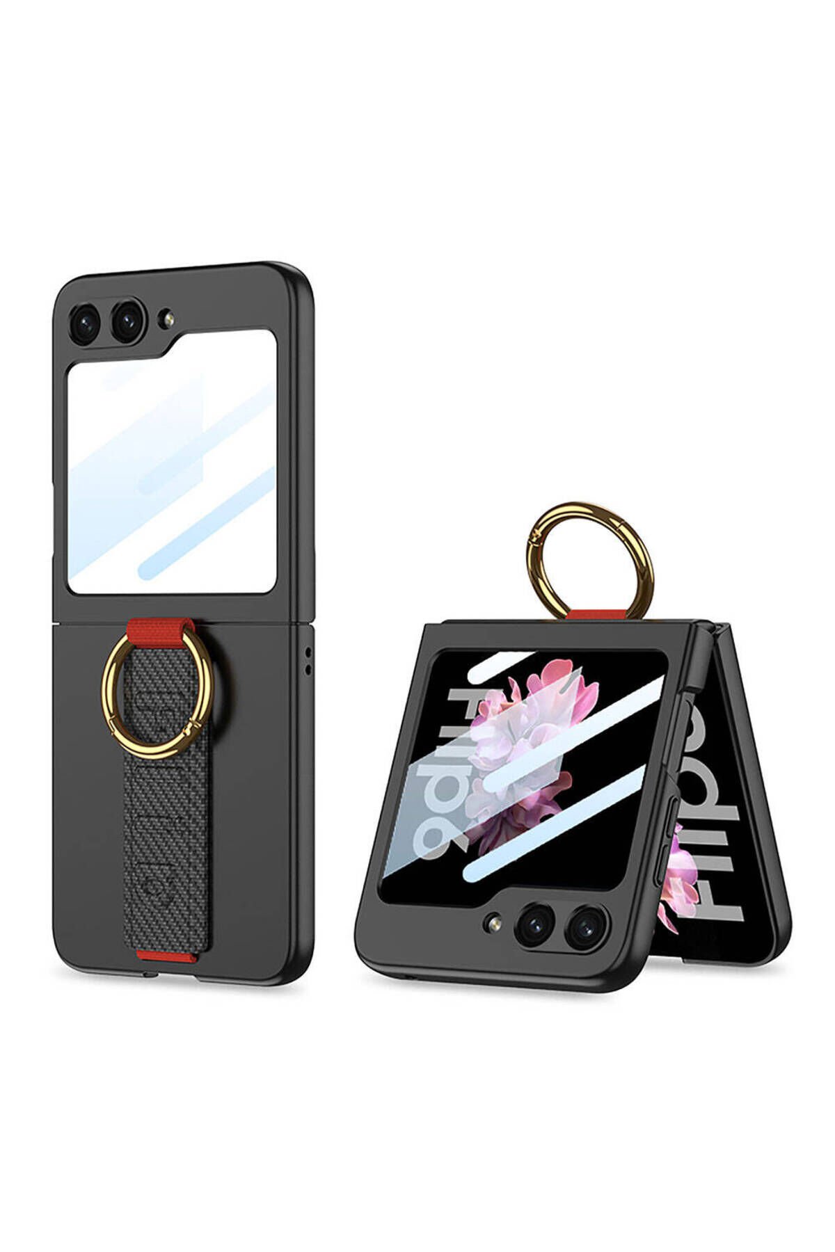 Galaxy Z Flip 6 Kılıf Kamera Korumalı Yüzüklü Karbon Tasarımlı BSAY Flip Ring Kıpta Kapak-Siyah Siyah