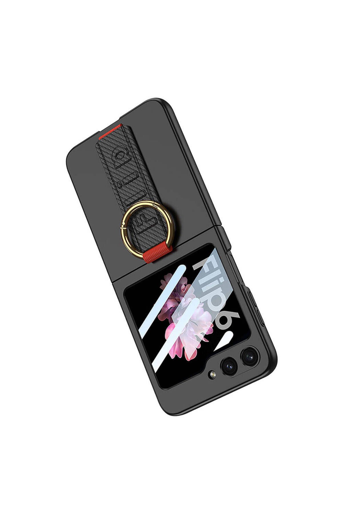 Galaxy Z Flip 6 Kılıf Kamera Korumalı Yüzüklü Karbon Tasarımlı BSAY Flip Ring Kıpta Kapak-Siyah Siyah