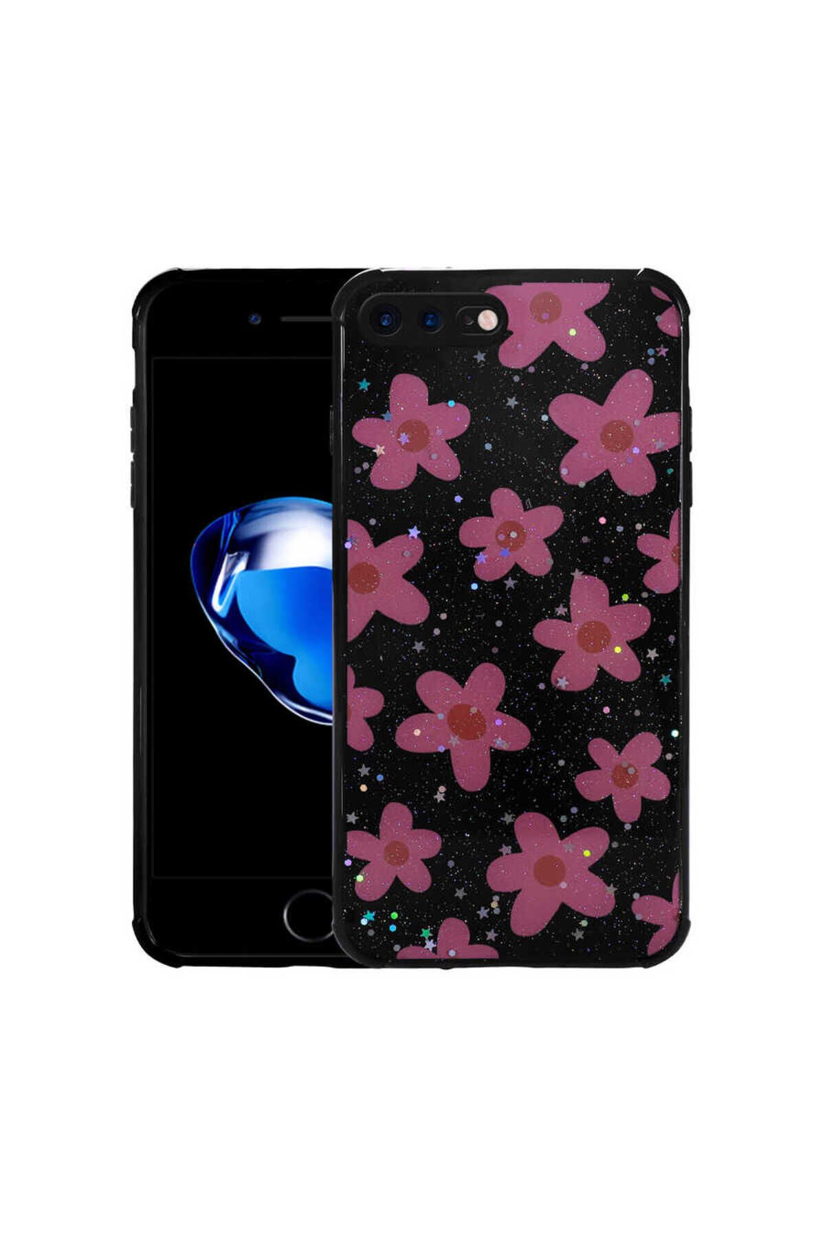 iPhone 8 Plus Kılıf Simli Desenli Kamera Korumalı Parlak BSAY Popy Kapak - Kalp Çiçek