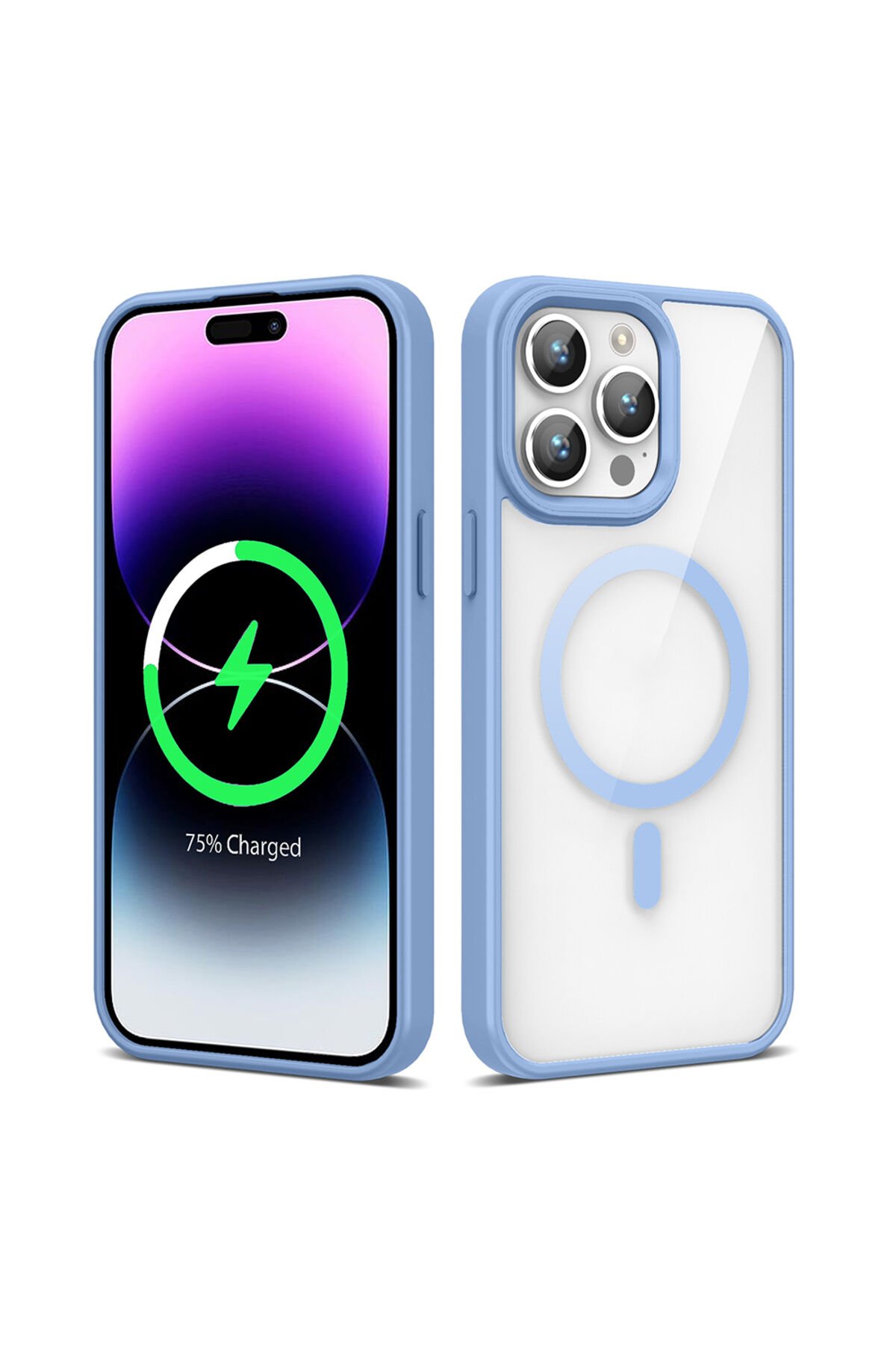iPhone 14 Pro Max Kılıf Magsafe Wireless Şarj Özellikli Silikon BSAY Ege Kapak - Pembe Açık Mavi