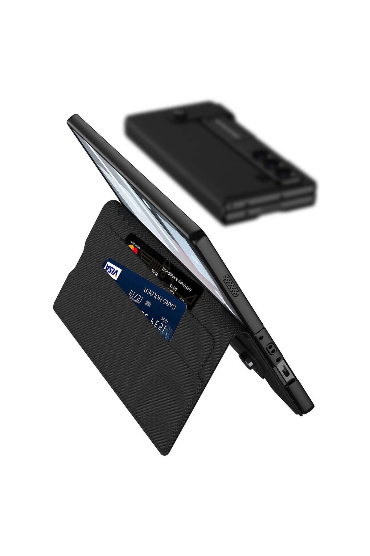 Galaxy Z Fold 6 Suni Deri Tasarımlı Kalem Bölmeli BSAY Kıpta Kartlıklı Standlı Kapak-Siyah Litchi Siyah Litchi
