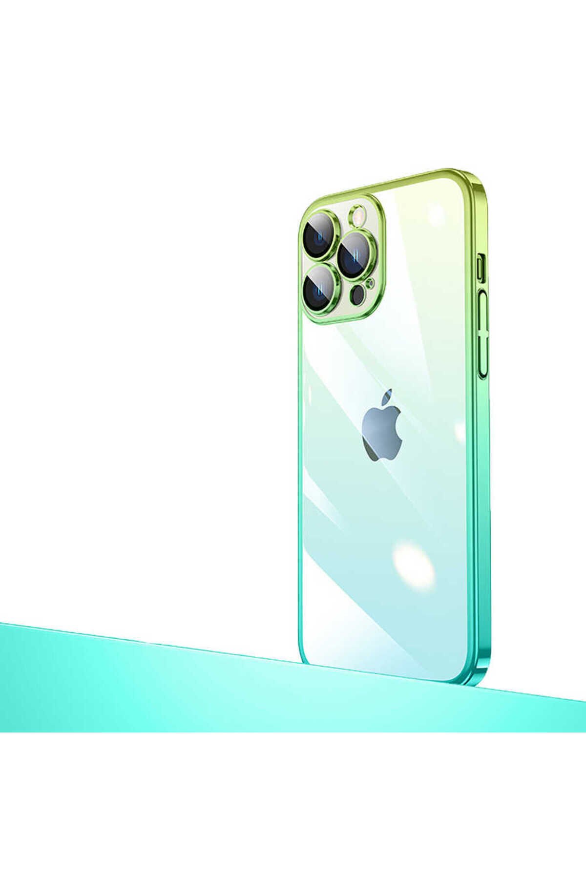 iPhone 14 Pro Uyumlu Parlak Renk Geçişli Kamera Korumalı BSAY Senkron Kılıf-Yeşil-Mavi Yeşil-Mavi