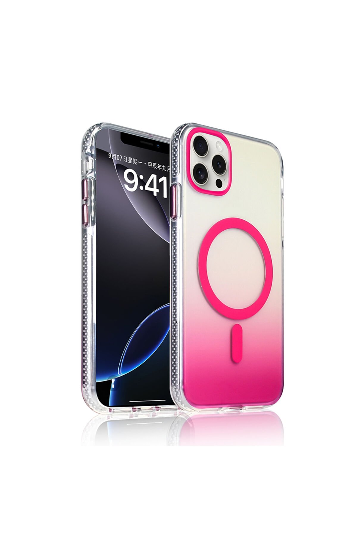 iPhone 15 Pro Max Kılıf M-safe Şarj Özellikli Transparan Renk Geçişli BSAY Toros Kapak - Gri Pembe