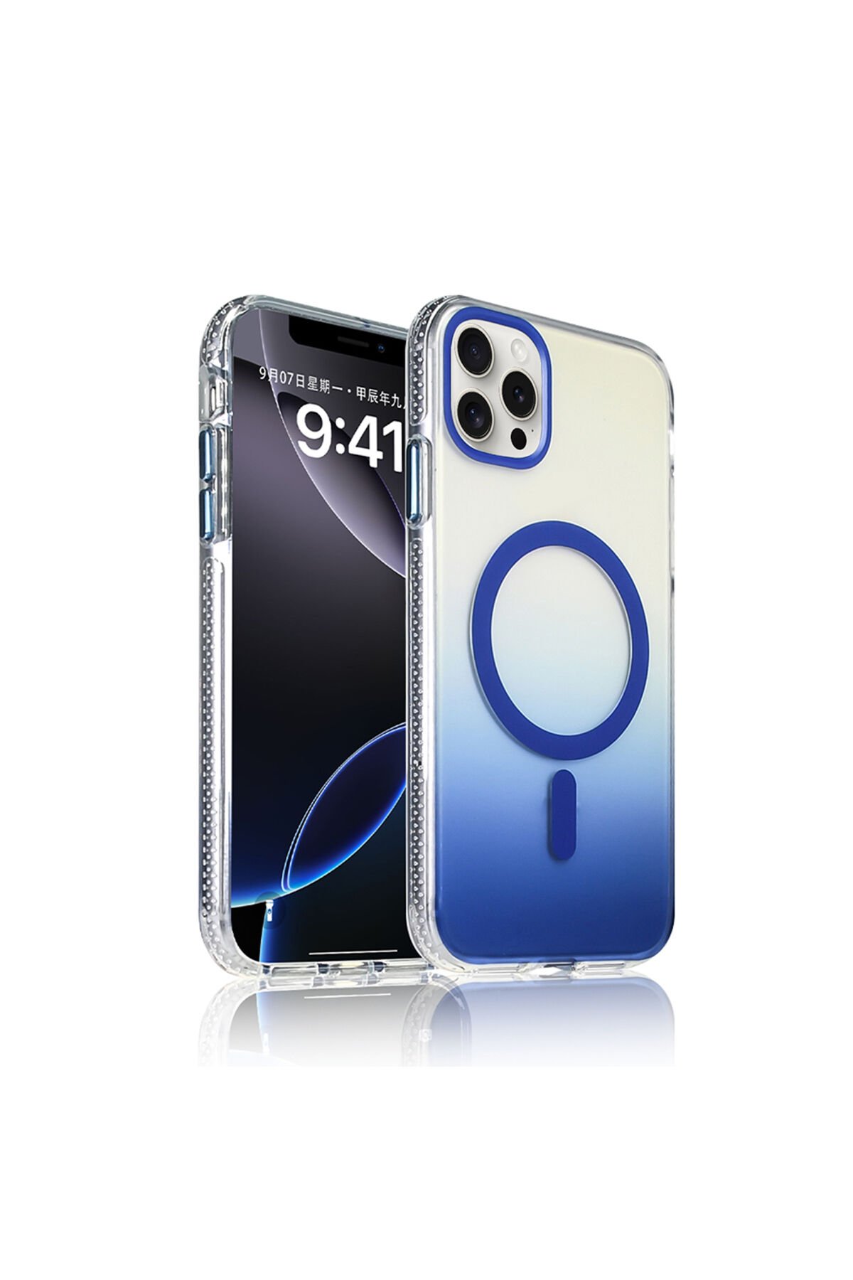 iPhone 15 Pro Max Kılıf M-safe Şarj Özellikli Transparan Renk Geçişli BSAY Toros Kapak - Gri Mavi