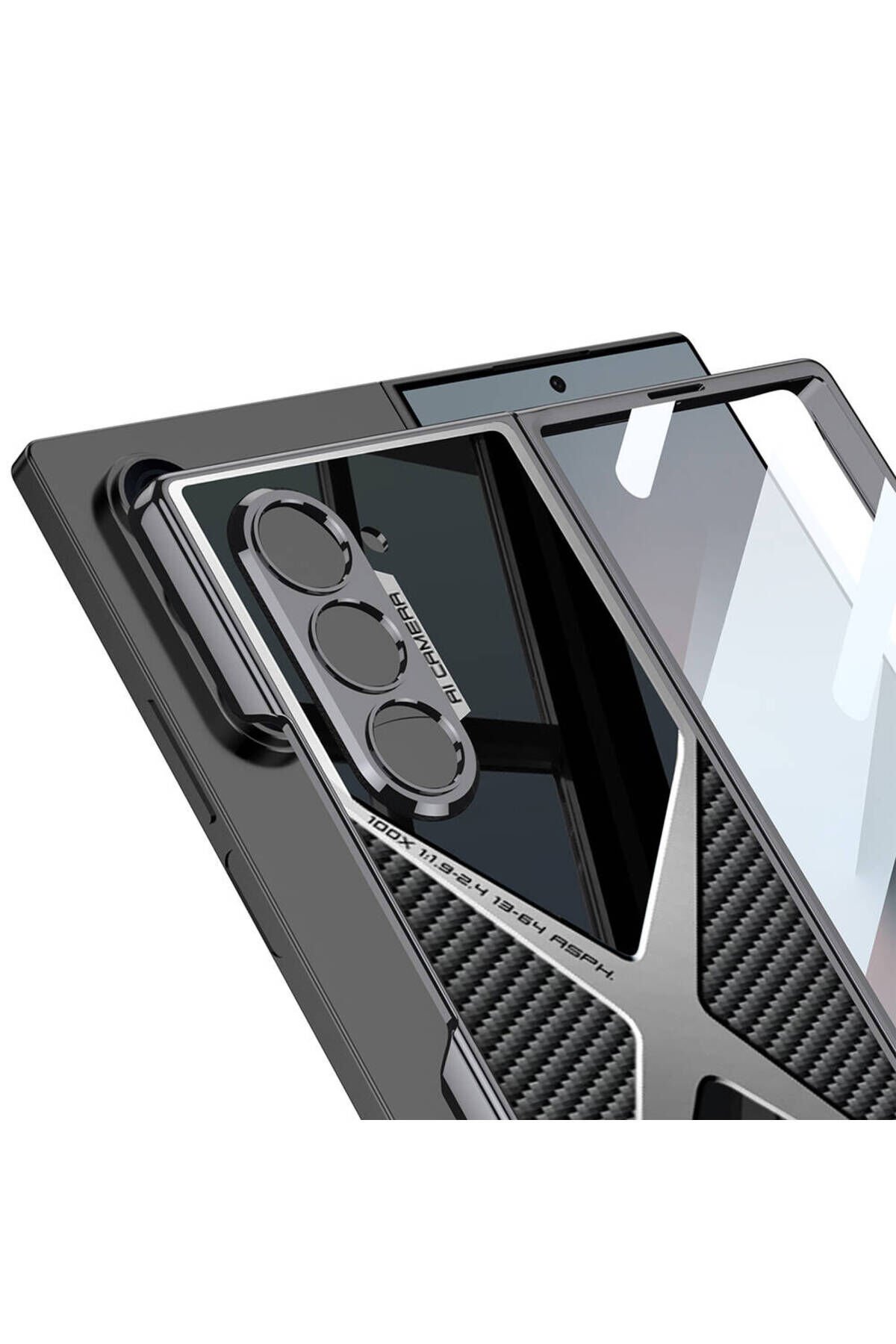 Galaxy Z Fold 6 Kılıf Ultra İnce Kamera Korumalı PC + Karbon Arka Yüzey BSAY X-Pro Kapak-Siyah Siyah