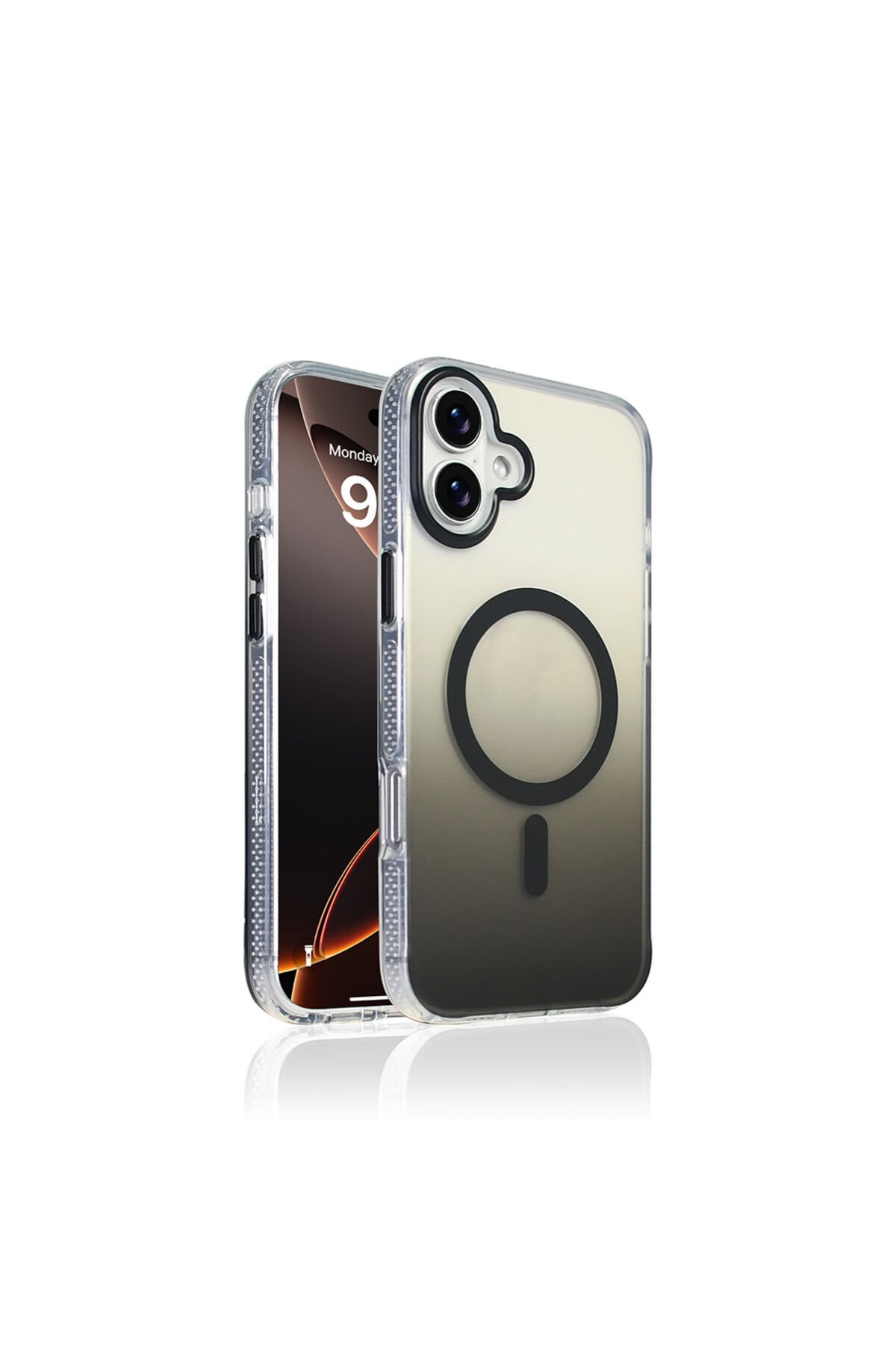 iPhone 16 Kılıf M-safe Şarj Özellikli Transparan Renk Geçişli BSAY Toros Kapak - Mavi Siyah