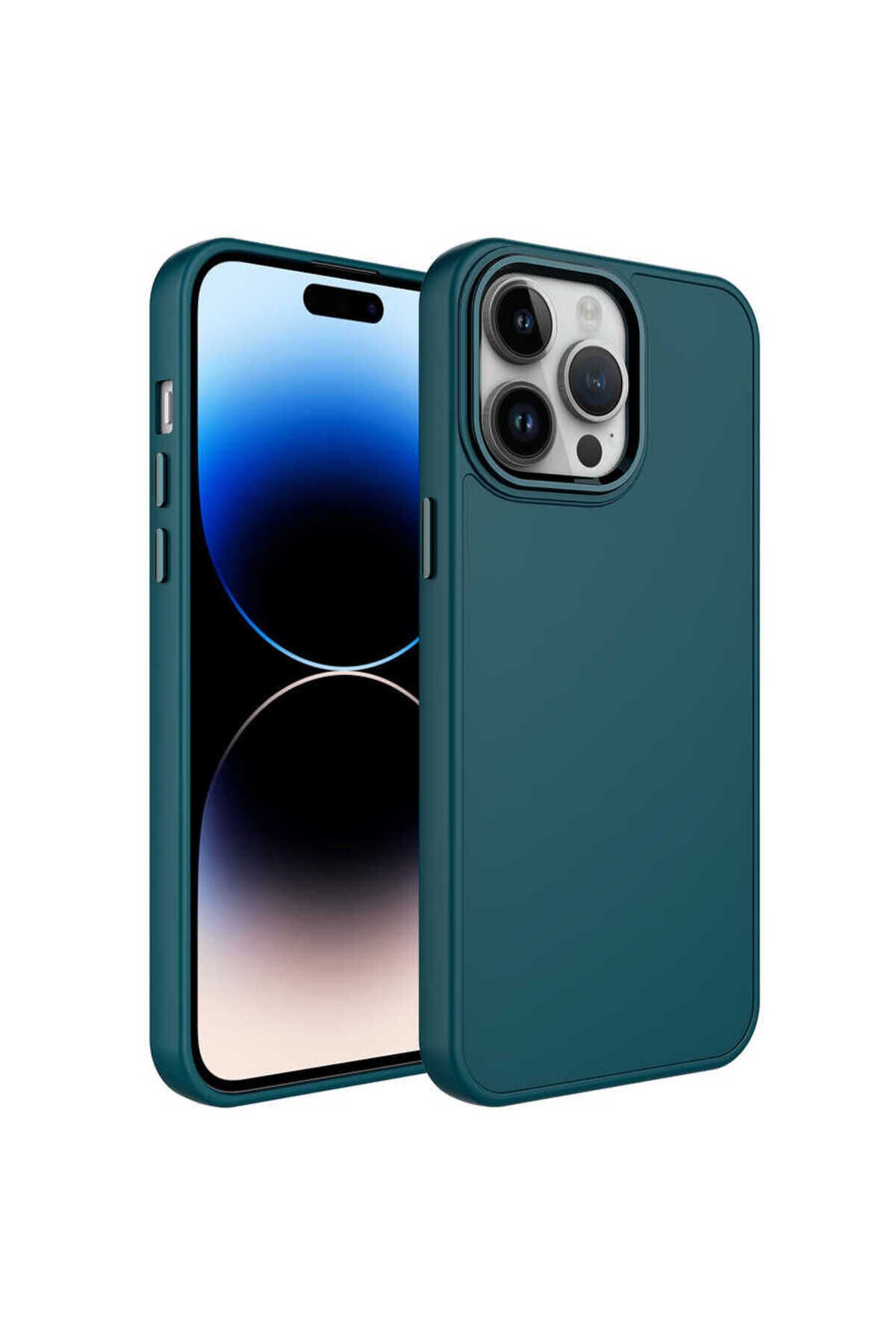 iPhone 13 Pro Max Uyumlu Metal Çerçeve ve Buton Tasarımlı Silikon BSAY Luna Kılıf-Koyu Yeşil
