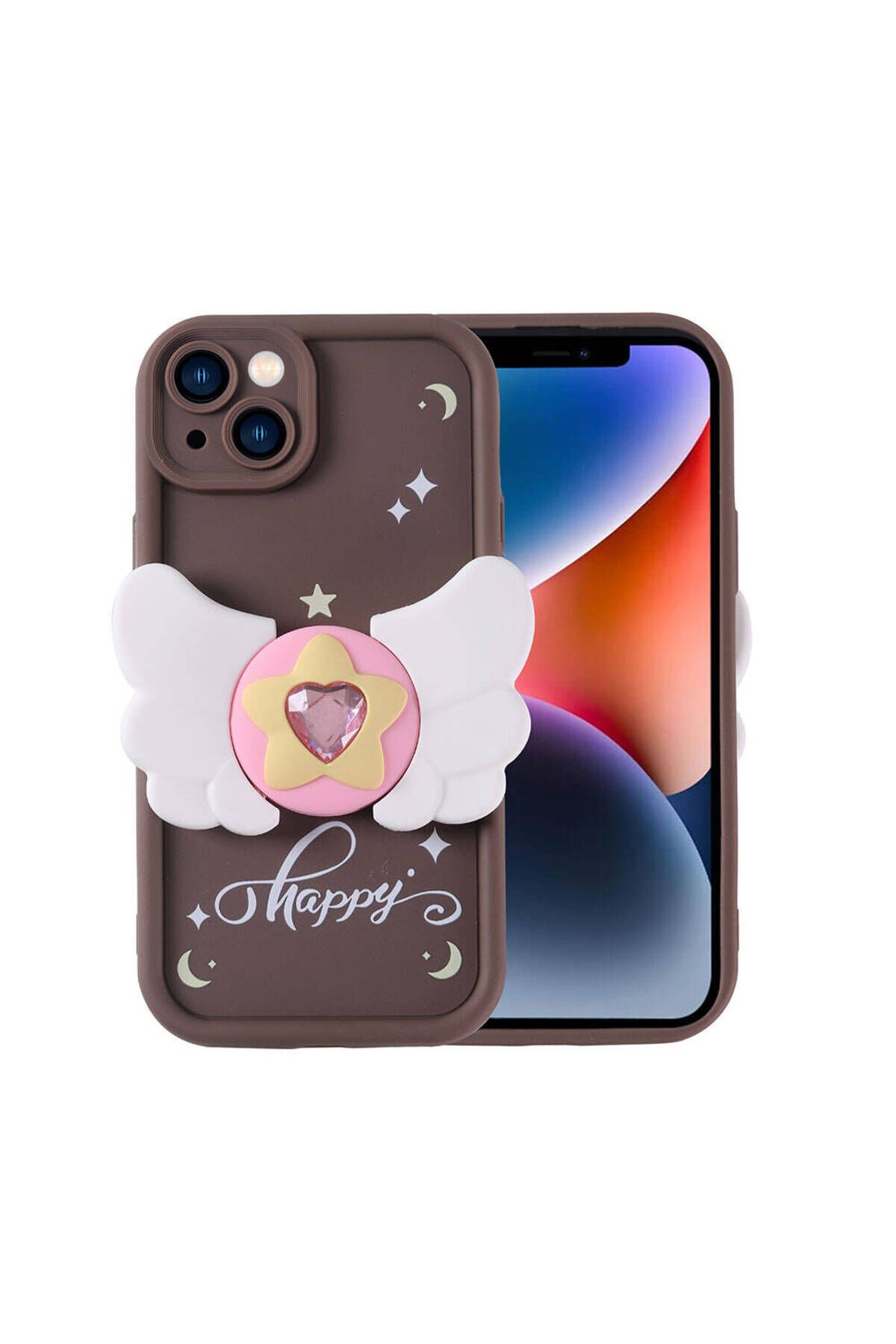 iPhone 14 Kılıf Kamera Korumalı Figür Tasarımlı MRSA Kapya Kapak - Koyu Kahve Pembe Koyu