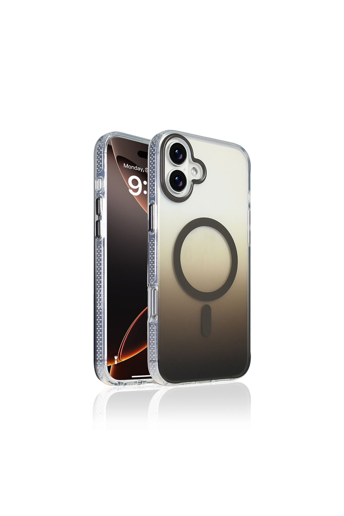 iPhone 16 Plus Kılıf M-safe Şarj Özellikli Transparan Renk Geçişli BSAY Toros Kapak - Mavi Gri