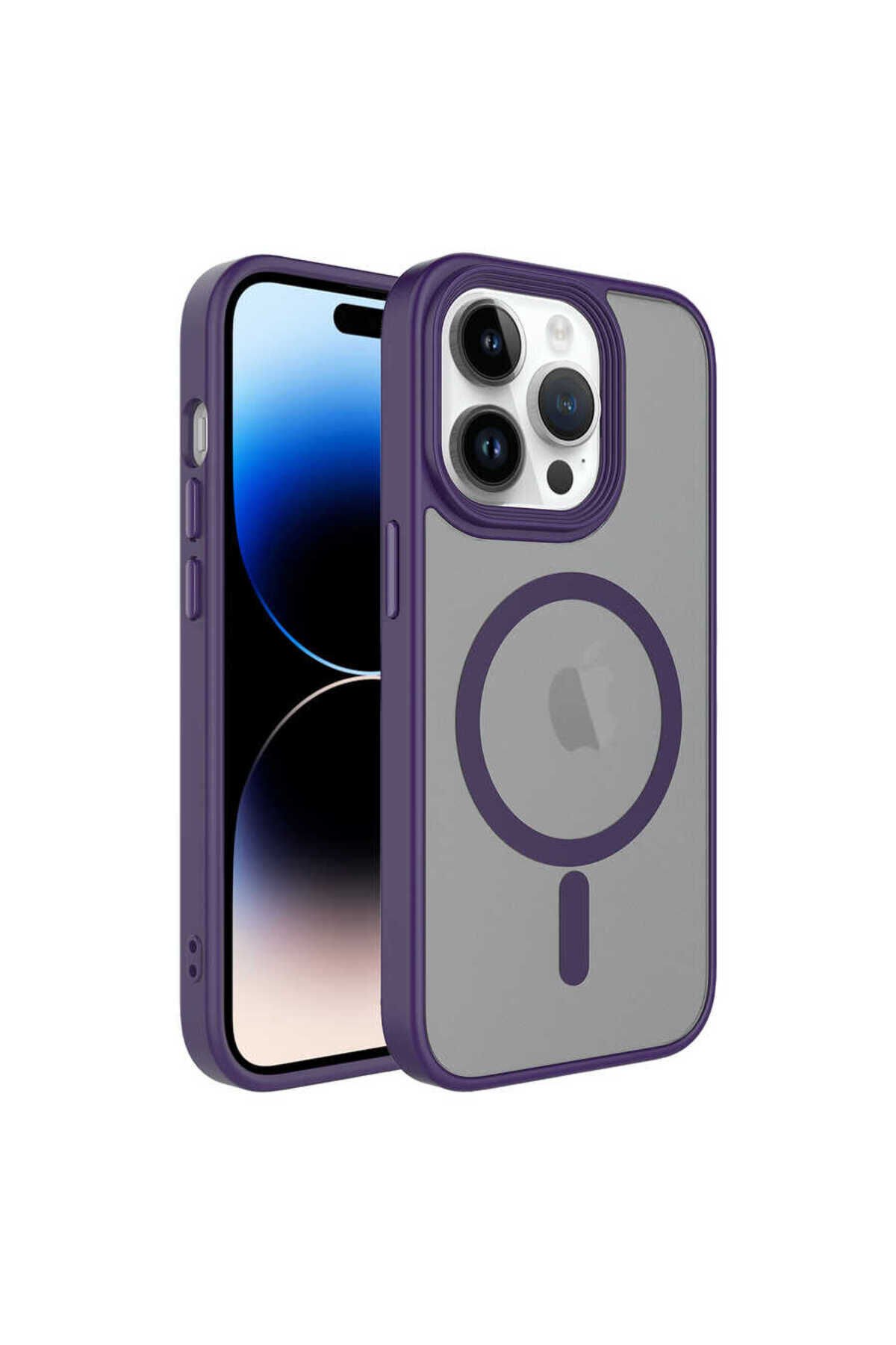 iPhone 14 Pro Max Uyumlu Mat Arka Yüzey Wireless Şarj Özellikli BSAY Flet Magsafe Kılıf-Derin Derin Mor
