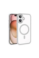 iPhone 16 Kılıf Wireless Şarj Özellikli BSAY Krom Magsafe Silikon Kapak-Yeşil Gümüş