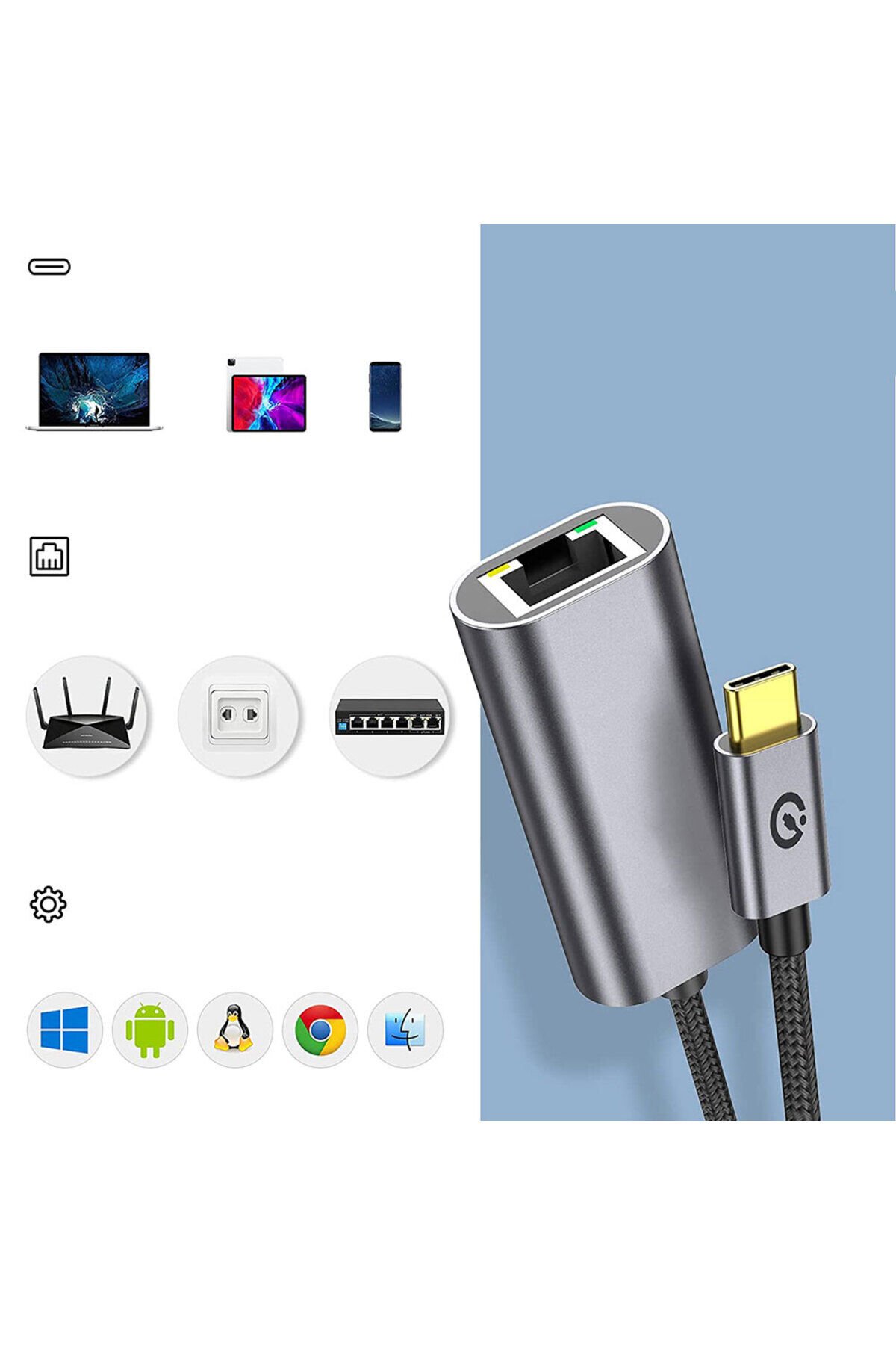 Siyah QG04 Type-C to RJ45 Ethernet Dönüştürücü Kablo 1024Mbps 22cm-BSAY Siyah