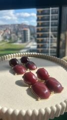 Bordo Taş Detaylı Vintage Küpe Bordo