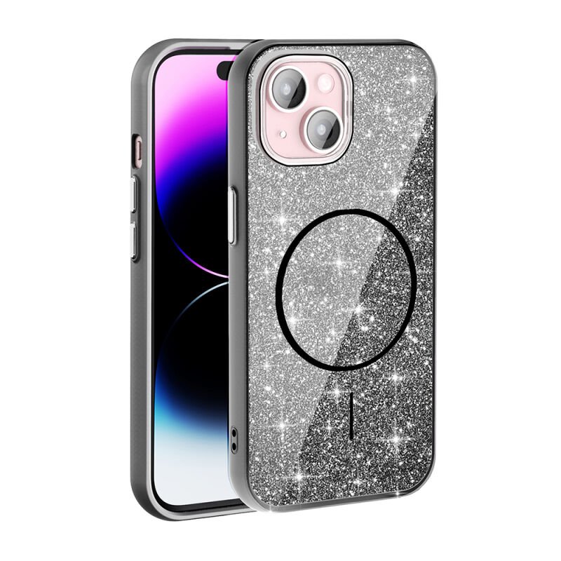 iPhone 15 Kılıf M-safe Şarj Özellikli Parlayan Simli Zore Okso Kılıf Siyah