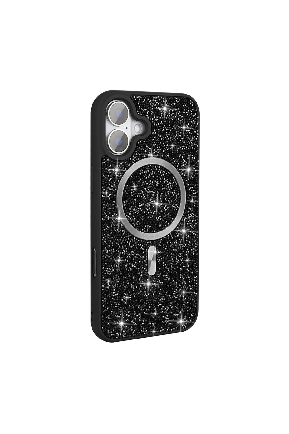 iPhone 17 Kılıf Pırlanta Tasarımlı M-safe Şarj Özellikli BSAY Mozaik Silikon Kapak - Siyah Siyah