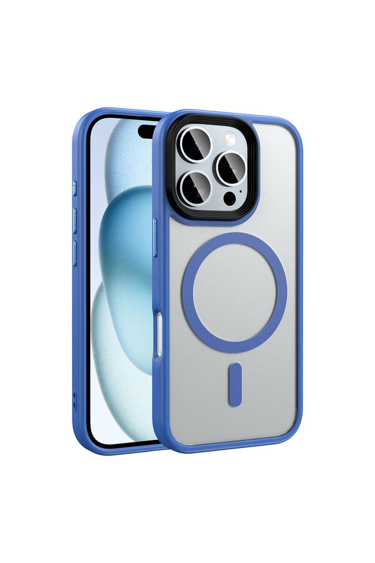 iPhone 16 Pro Max Kılıf Mat Arka Yüzey Wireless Şarj Özellikli BSAY Flet Magsafe Kapak-Mavi Mavi
