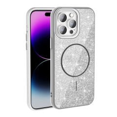 iPhone 14 Pro Max Kılıf M-safe Şarj Özellikli Parlayan Simli Zore Okso Kılıf
