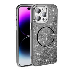 iPhone 14 Pro Max Kılıf M-safe Şarj Özellikli Parlayan Simli Zore Okso Kılıf Pembe