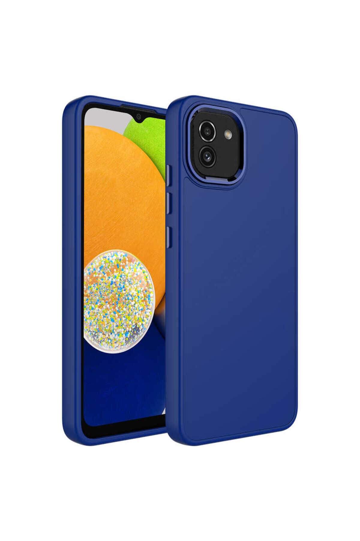 Galaxy A03 Kılıf Metal Çerçeve ve Buton Tasarımlı Silikon BSAY Luna Kapak - Lacivert
