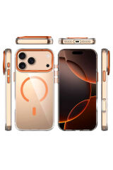 iPhone 17 Pro Kılıf M-safe Şarj Özellikli Airbagli Kamera Standlı Zore Azor Kapak - Koyu Gri Turuncu