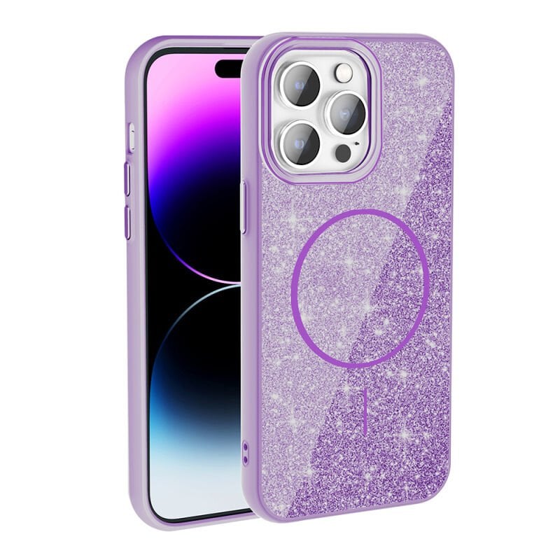 iPhone 14 Pro Max Kılıf M-safe Şarj Özellikli Parlayan Simli Zore Okso Kılıf Mor