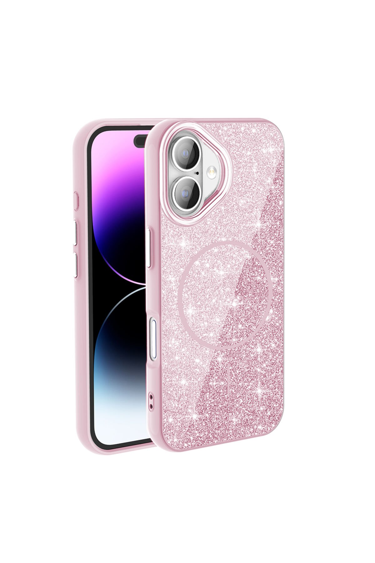 iPhone 17 Kılıf M-safe Şarj Özellikli Parlayan Simli BSAY Okso Kapak - Pembe