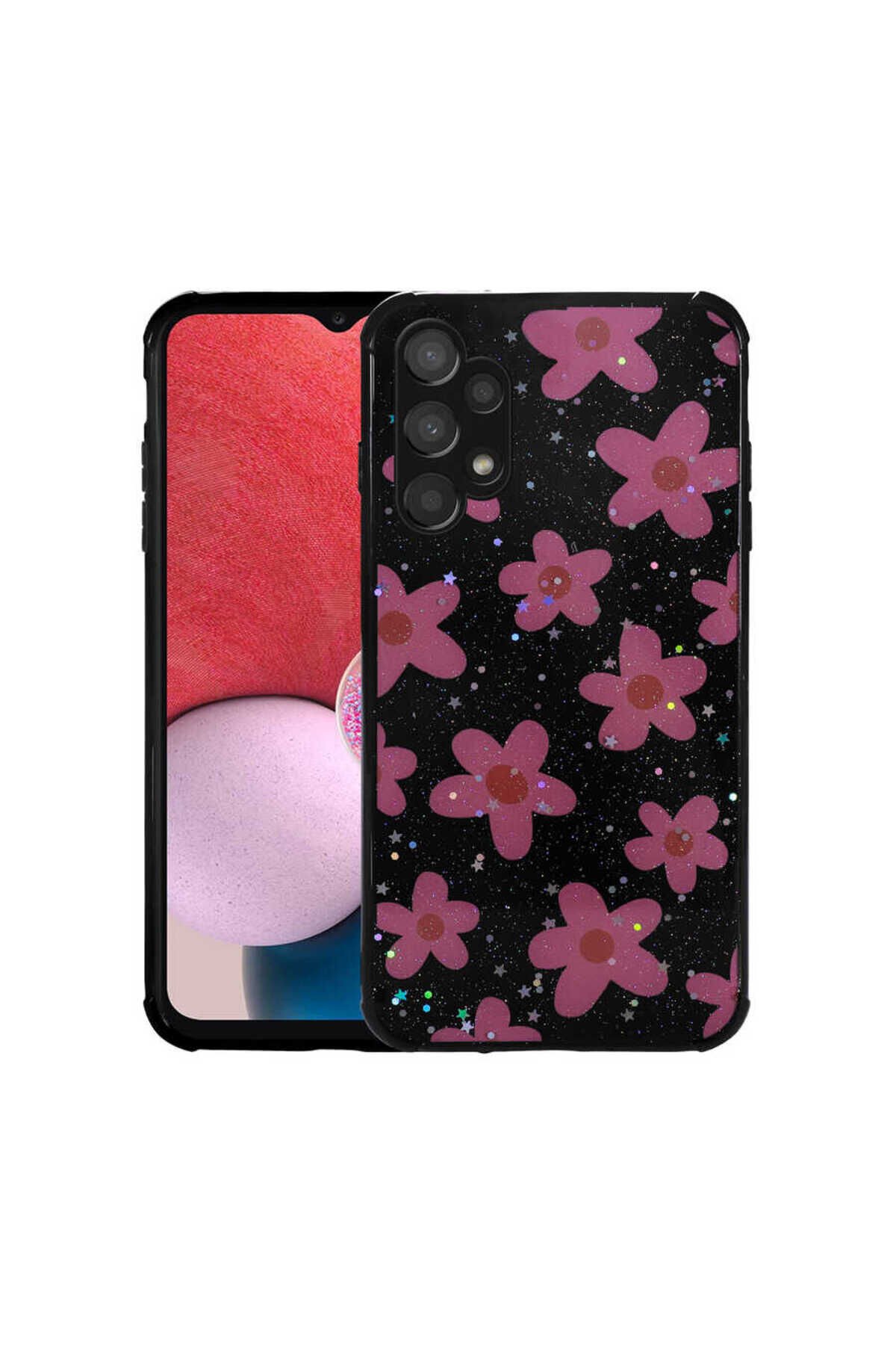 Galaxy A13 4G Kılıf Simli Desenli Kamera Korumalı Parlak BSAY Popy Kapak - Çiçek Çiçek