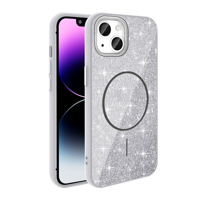 iPhone 14 Kılıf M-safe Şarj Özellikli Parlayan Simli Zore Okso Kılıf Beyaz