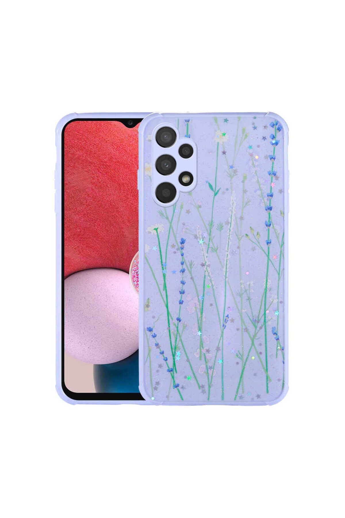 Galaxy A13 4G Kılıf Simli Desenli Kamera Korumalı Parlak BSAY Popy Kapak - Çiçek Dallar