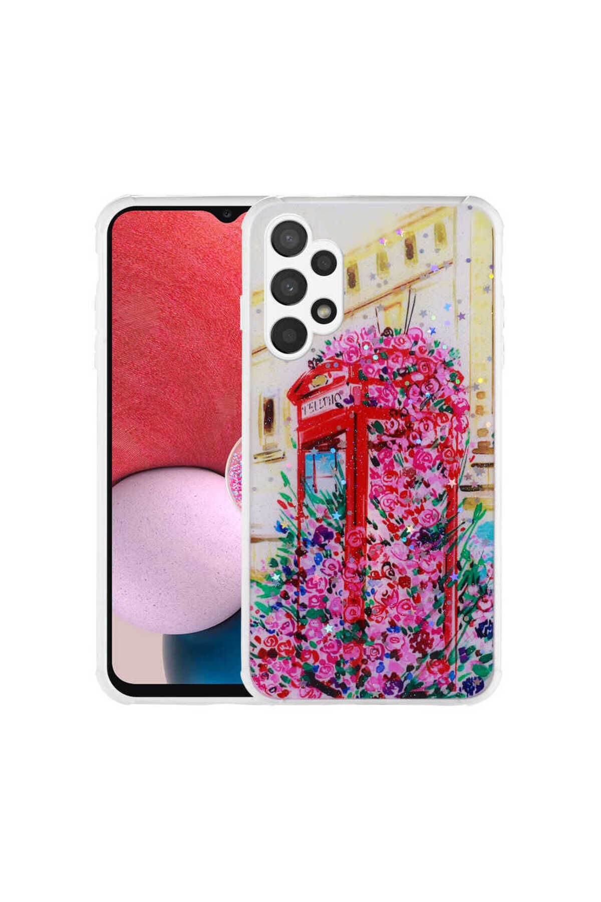 Galaxy A13 4G Kılıf Simli Desenli Kamera Korumalı Parlak BSAY Popy Kapak - Çiçek Kulübe