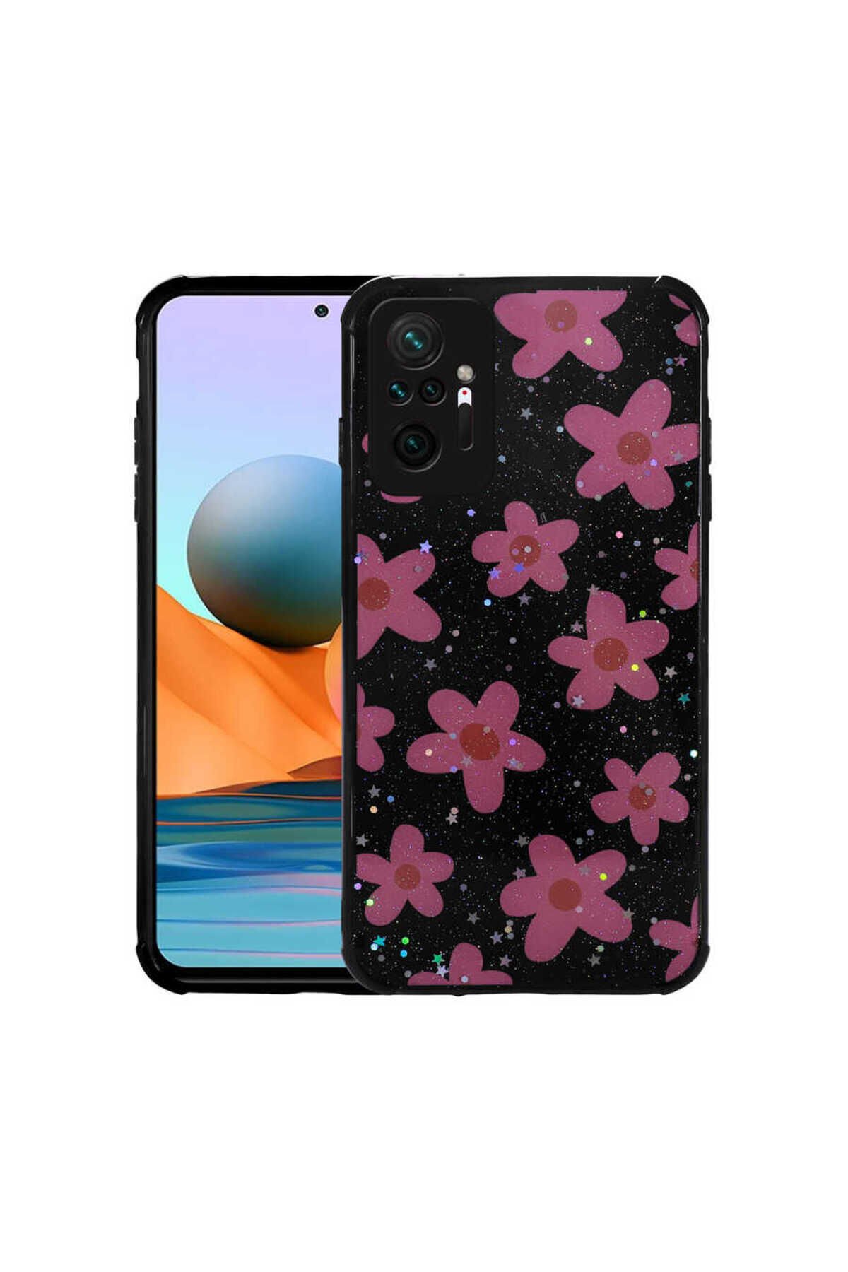 Redmi Note 10 Pro Kılıf Simli Desenli Kamera Korumalı Parlak BSAY Popy Kapak - Kulübe Kulübe