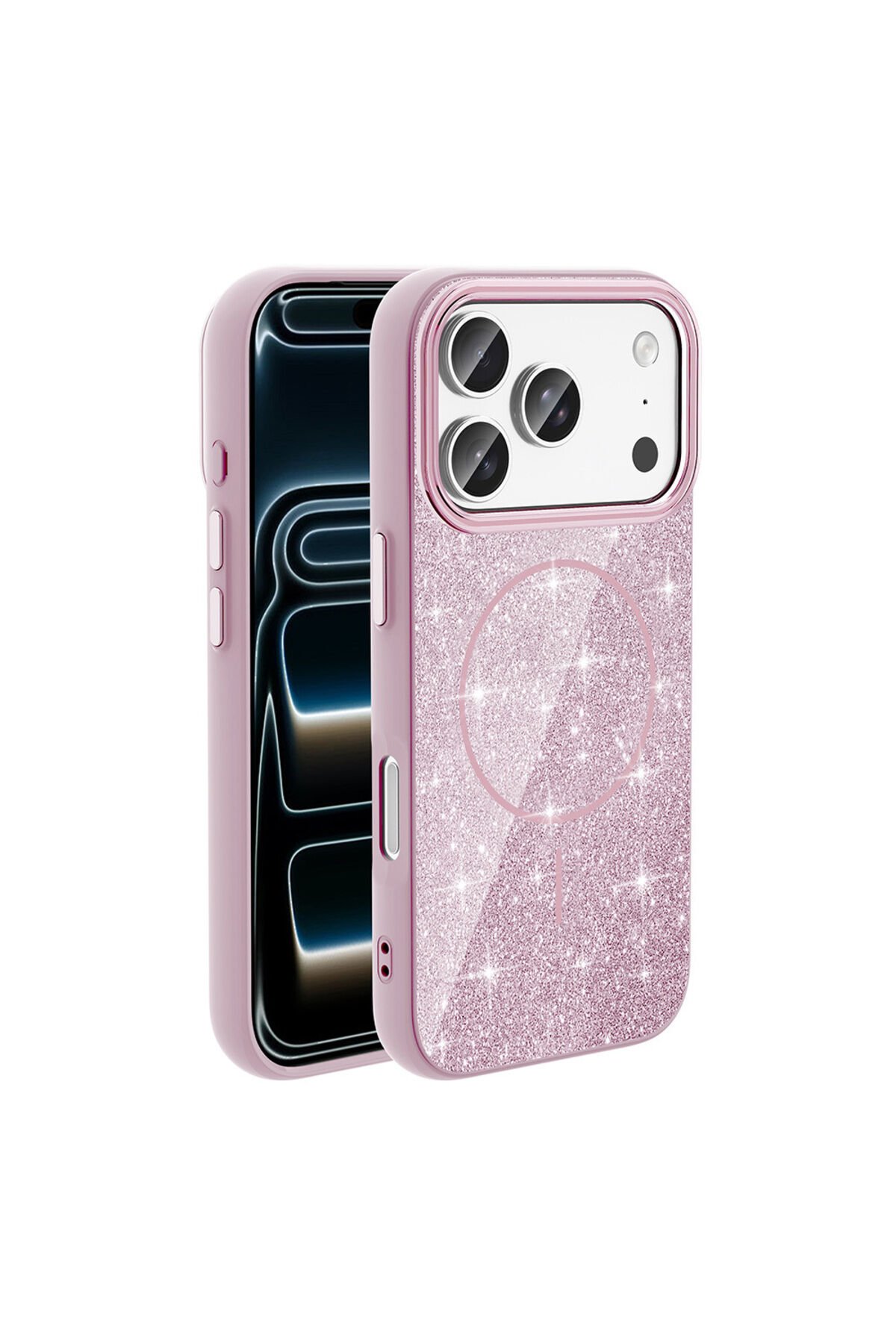 iPhone 17 Pro Max Kılıf M-safe Şarj Özellikli Parlayan Simli BSAY Okso Kapak - Pembe
