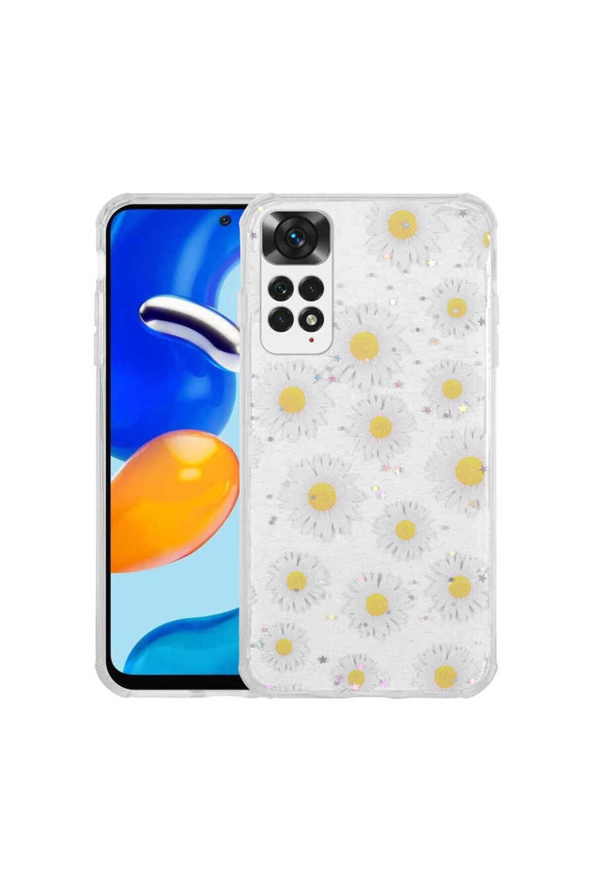 Redmi Note 11S Global Kılıf Simli Desenli Kamera Korumalı Parlak BSAY Popy Kapak - Papatya Papatya