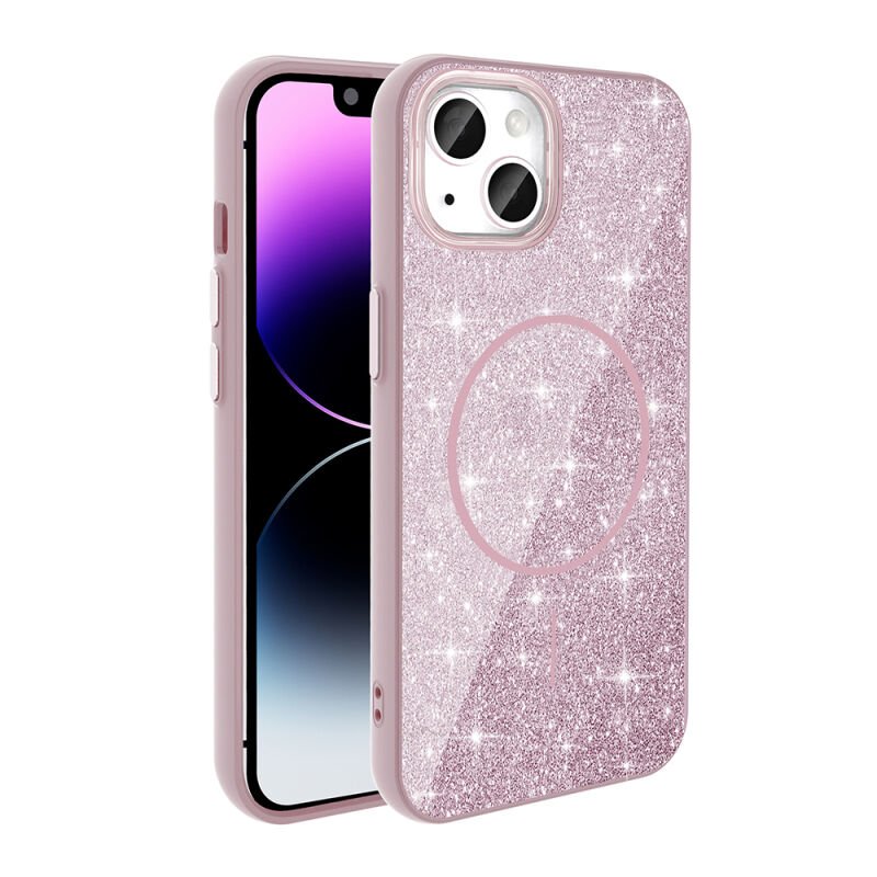 iPhone 11 Kılıf M-safe Şarj Özellikli Parlayan Simli Zore Okso Kılıf Pembe