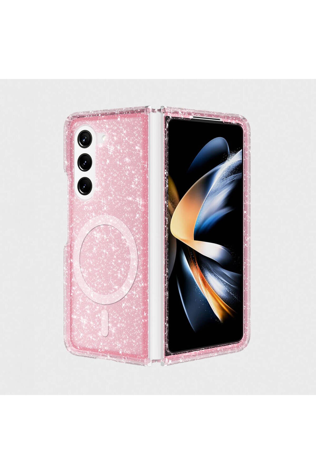 Galaxy Z Fold 6 Kılıf Magsafe Şarj Özellikli Parlayan Simli Saydam Renkli BSAY Allstar Kapak-Şeffaf Pembe