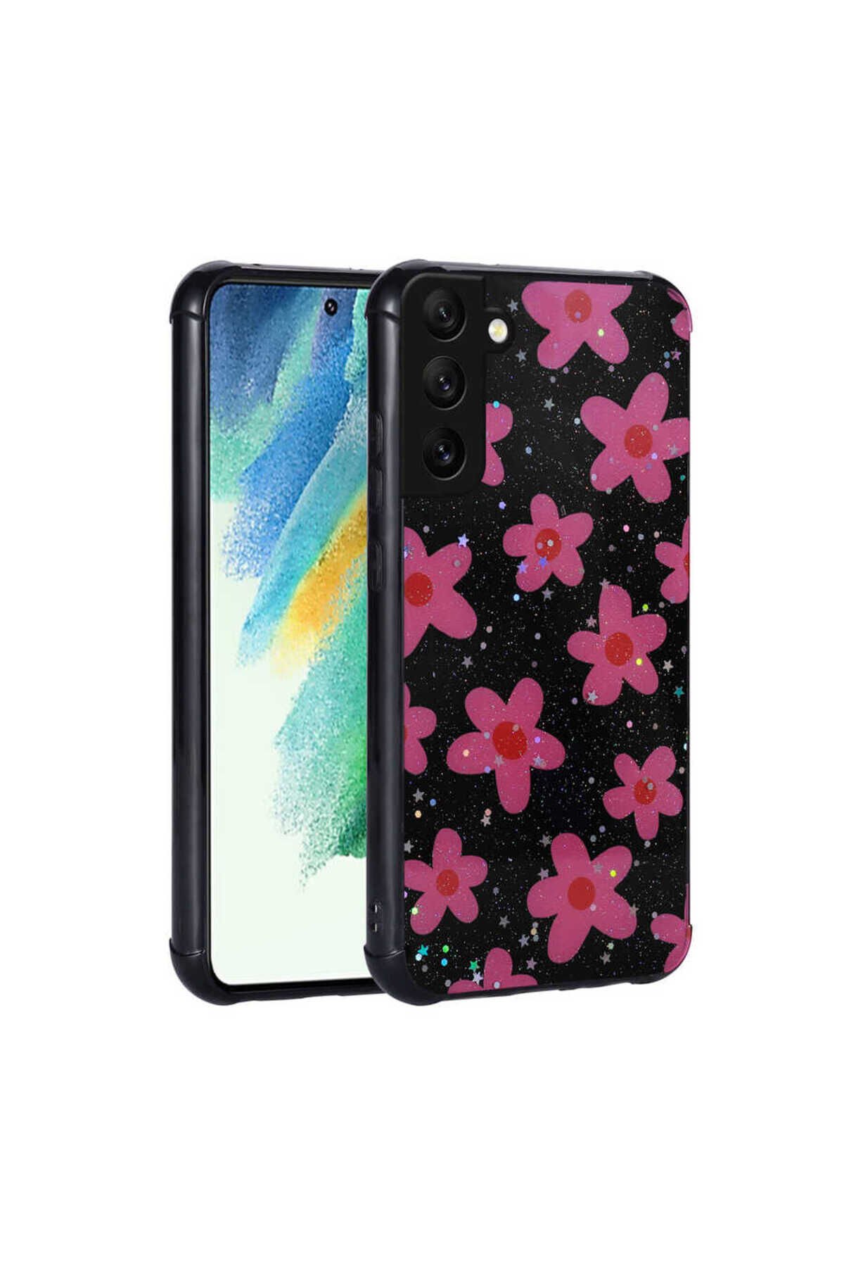 Galaxy S21 FE Uyumlu Simli Desenli Kamera Korumalı Parlak BSAY Popy Kılıf-Kalp Çiçek