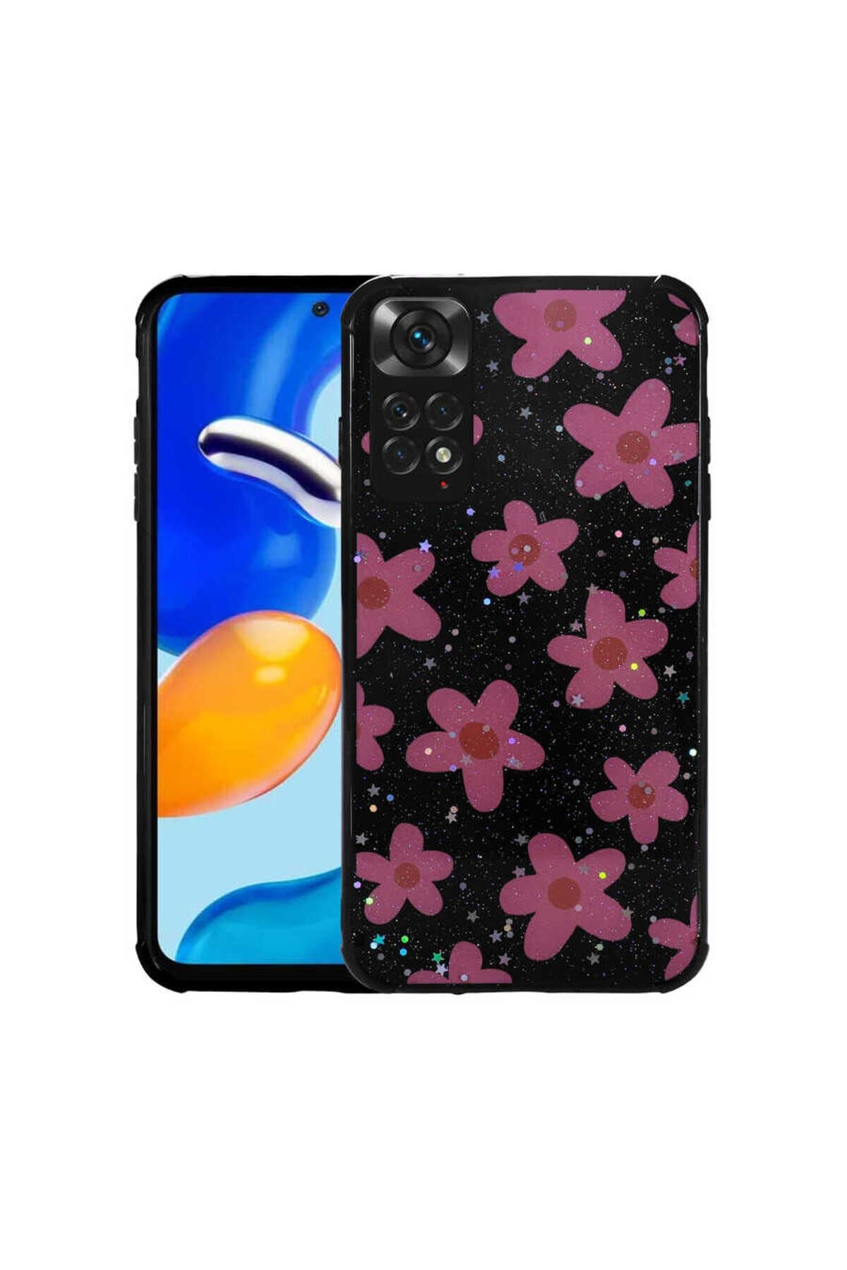 Redmi Note 11S Global Kılıf Simli Desenli Kamera Korumalı Parlak BSAY Popy Kapak - Papatya Çiçek