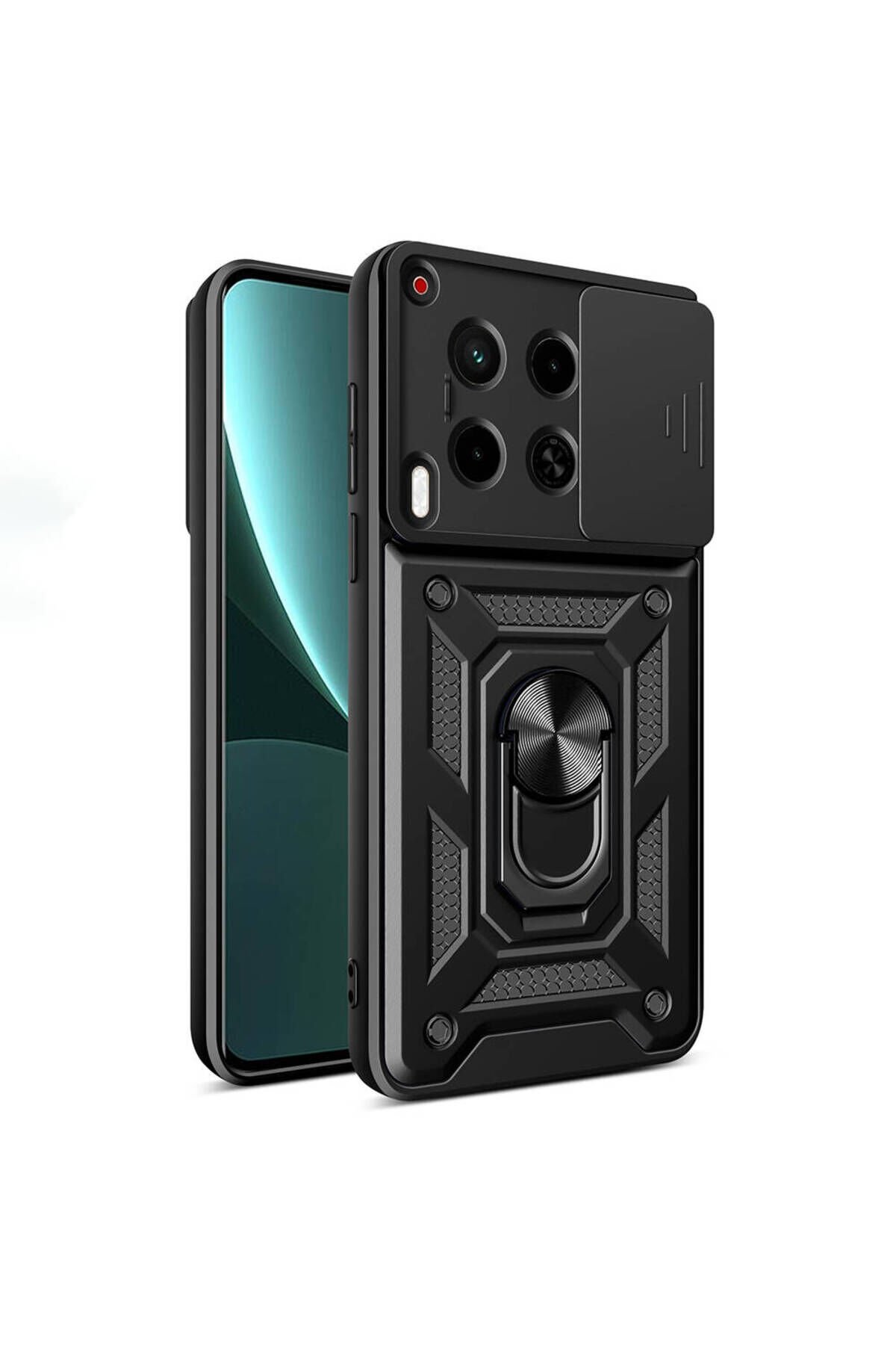 Tecno Camon 30 Kılıf Magnetik Standlı Kamera Korumalı BSAY Sürgülü Vega Kapak-Siyah Siyah