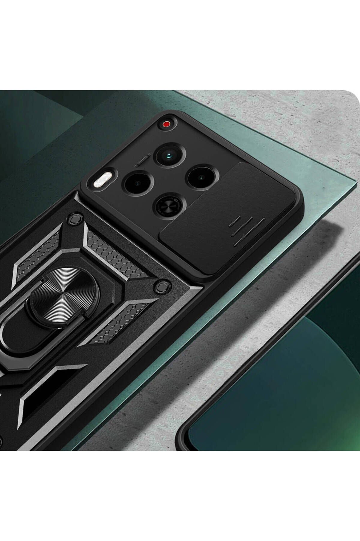 Tecno Camon 30 Kılıf Magnetik Standlı Kamera Korumalı BSAY Sürgülü Vega Kapak-Siyah Siyah
