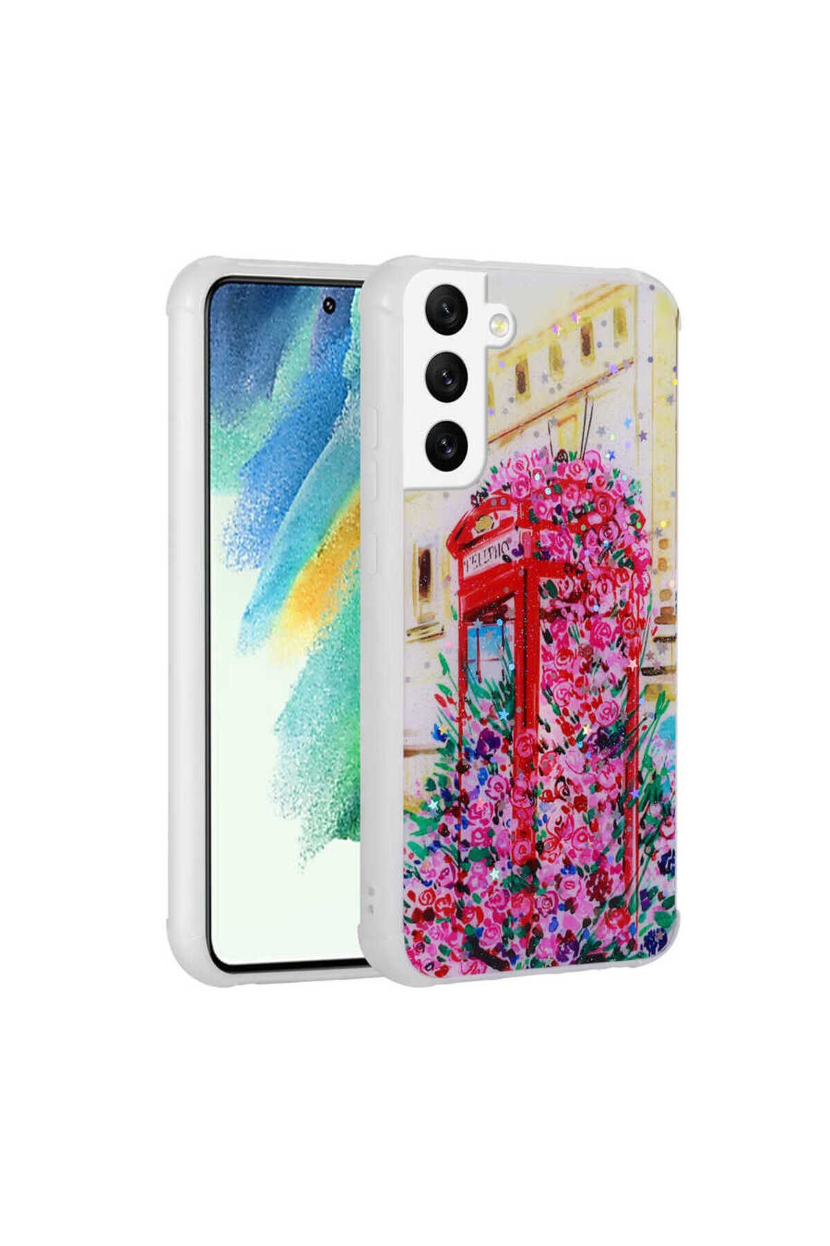 Galaxy S21 FE Uyumlu Simli Desenli Kamera Korumalı Parlak BSAY Popy Kılıf-Kalp Kulübe