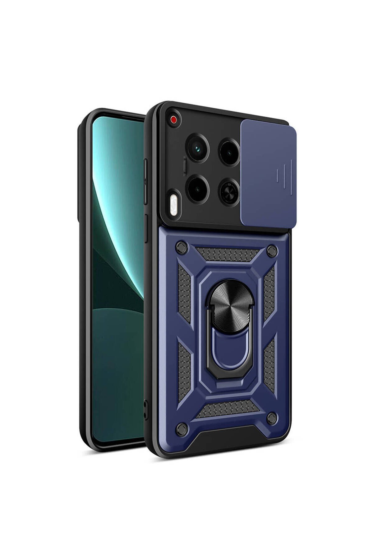 Tecno Camon 30 Kılıf Magnetik Standlı Kamera Korumalı BSAY Sürgülü Vega Kapak-Siyah Mavi