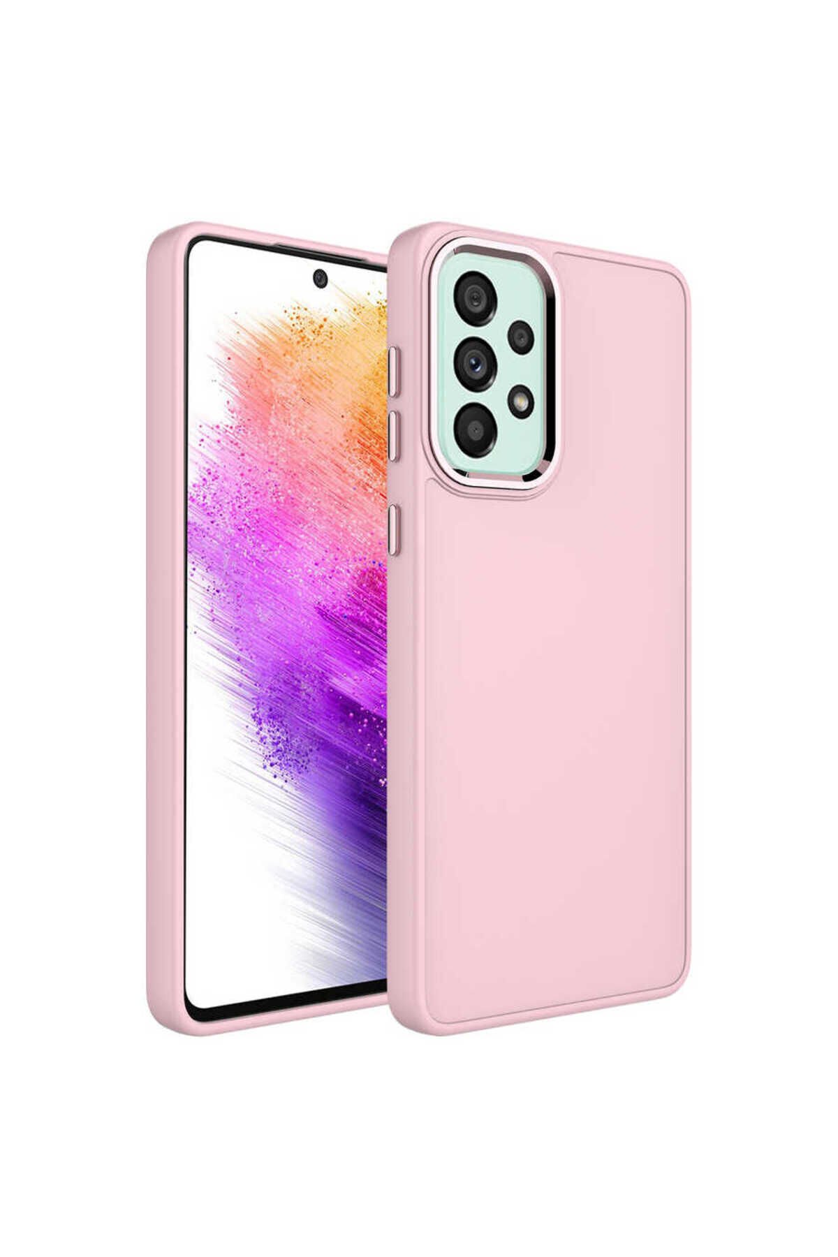 Galaxy A53 5G Kılıf Metal Çerçeve ve Buton Tasarımlı Silikon BSAY Luna Kapak - Pembe