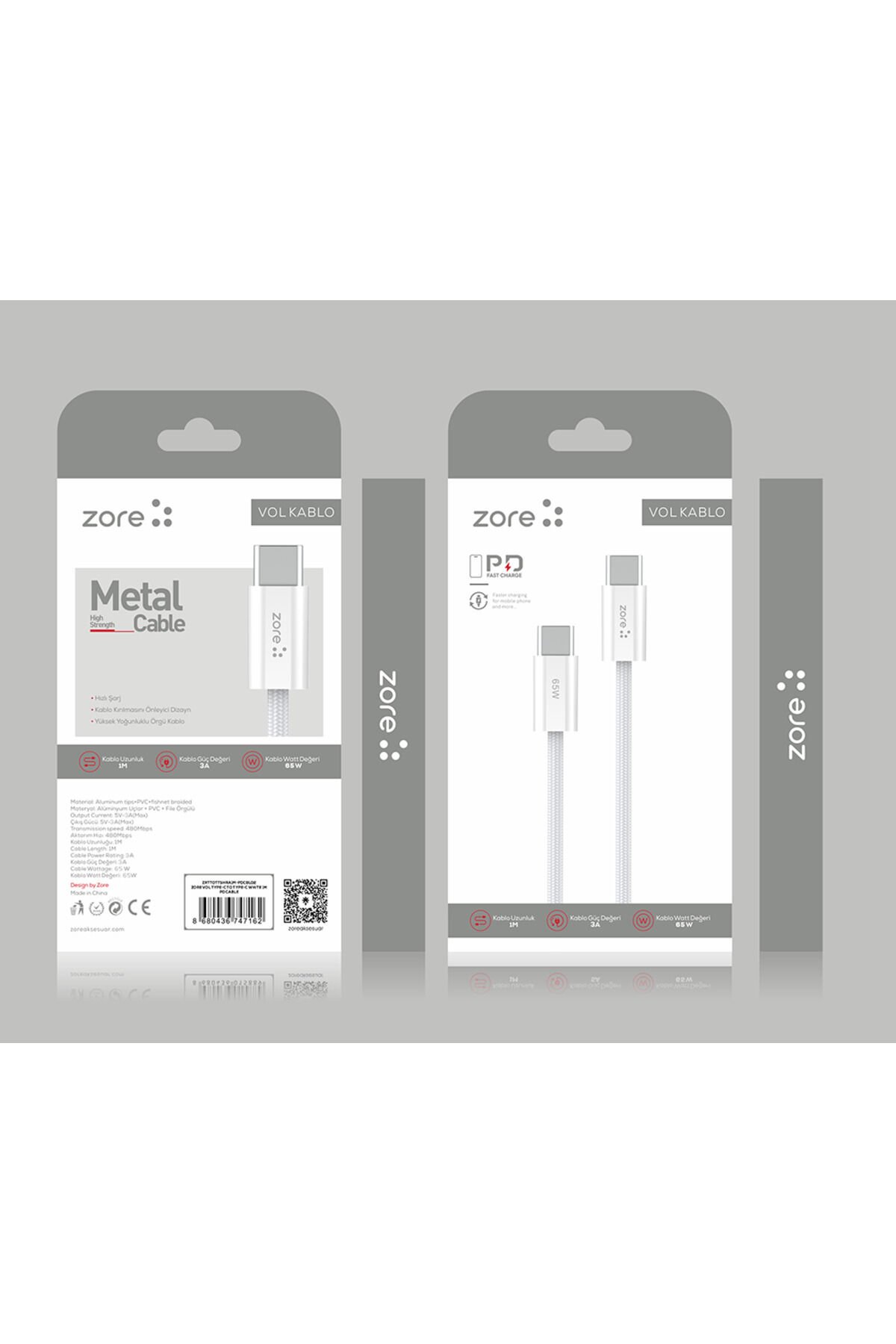 Beyaz Vol Serisi Type-C to Type-C PD Şarj ve Data Kablosu 65W 3A 1 Metre-BSAY Beyaz