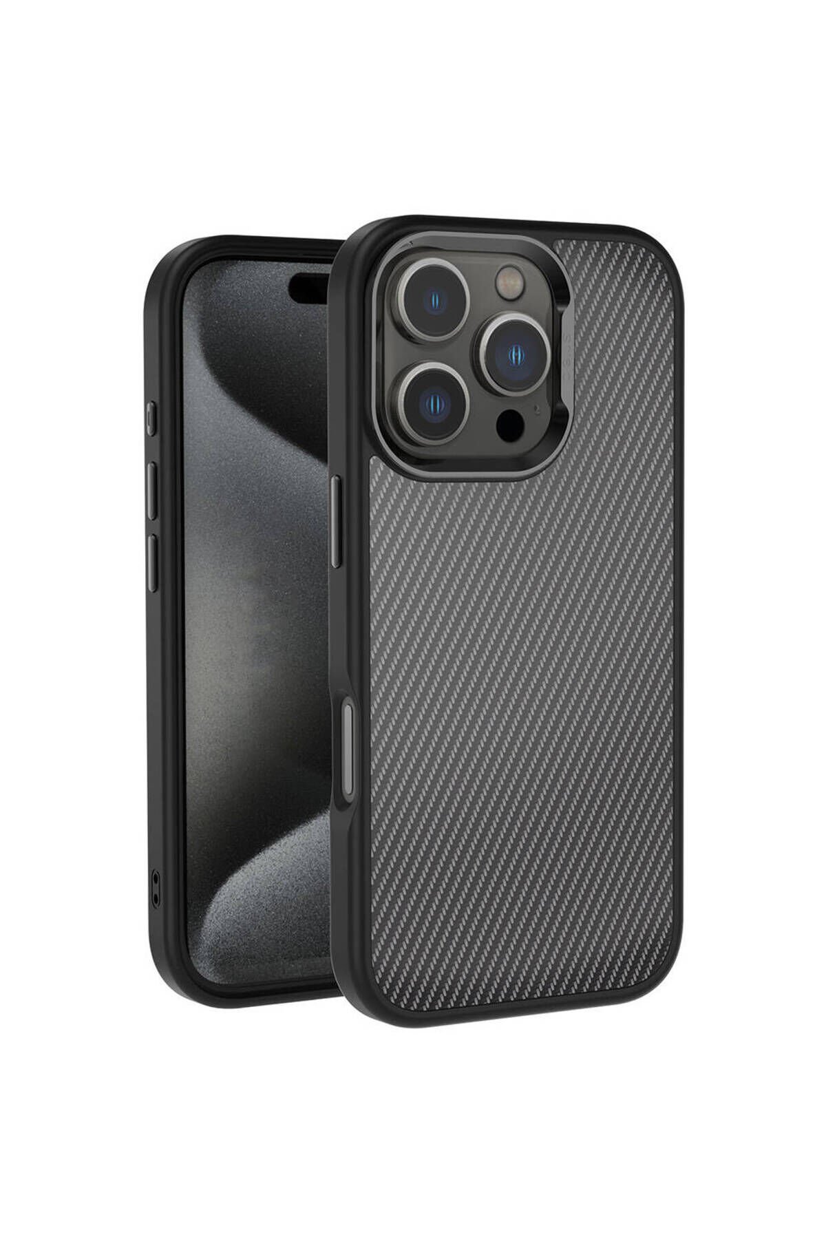 iPhone 16 Pro Kılıf Karbon Fiber Görünümlü Parlak Kamera Çerçeveli BSAY Venus Kapak-Siyah Siyah