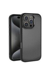 iPhone 16 Pro Kılıf Karbon Fiber Görünümlü Parlak Kamera Çerçeveli BSAY Venus Kapak-Siyah Siyah